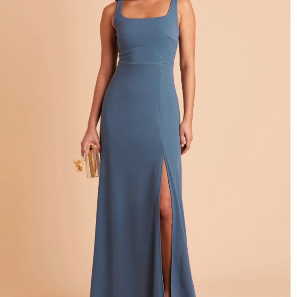 Birdy Grey Blue Alex Crepe Dress XS Formal Slit Bridesmaid Maxi Dress